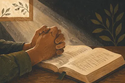 Praying Hands Resting on Open Bible