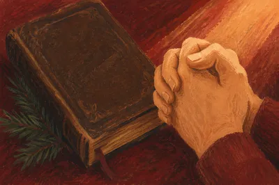 Praying Hands Beside Bible and Evergreen Sprig
