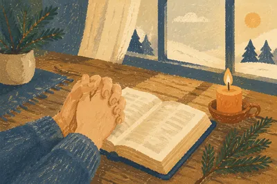 Praying Hands Beside Bible and Evergreen