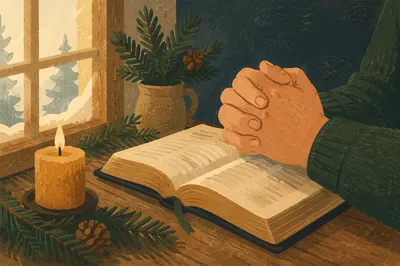 Praying Hands Beside Bible with Evergreen