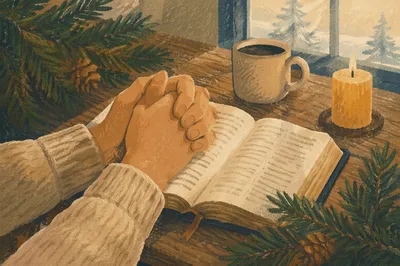 Praying Hands Over Bible with Evergreen