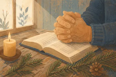 Praying Hands Over Bible with Evergreens