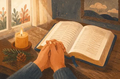 Praying Hands Beside Bible with Evergreen Sprig