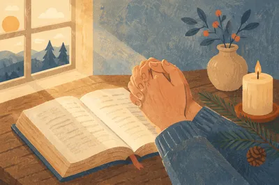Praying Hands Beside Bible and Evergreen