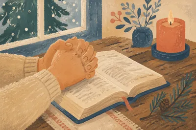 Praying Hands on Bible with Evergreen