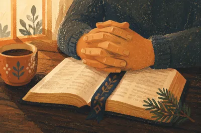 Praying Hands Over Bible with Evergreen Sprig