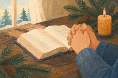 Praying Hands Beside Bible and Evergreen Candle