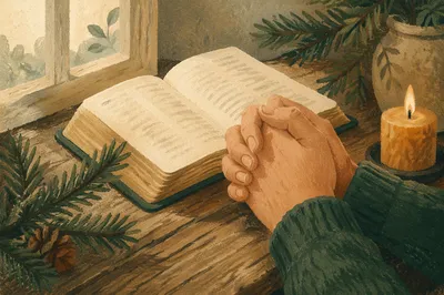 Praying Hands Beside Bible and Evergreen