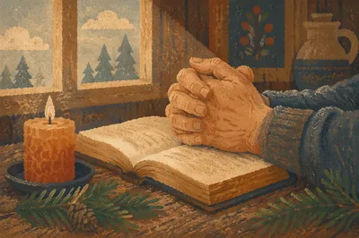 Praying Hands on Bible with Evergreen
