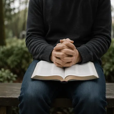 Praying Hands Over Open Bible Outdoors