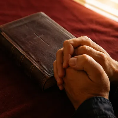 Praying Hands Beside Leather Bible