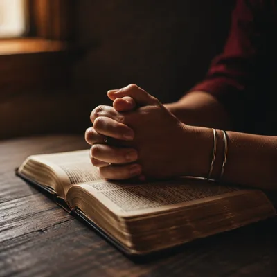 Praying Hands Resting on Open Bible