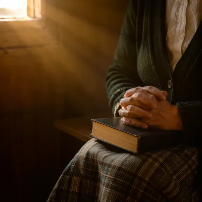 Praying Hands Resting on Bible in Sunlight
