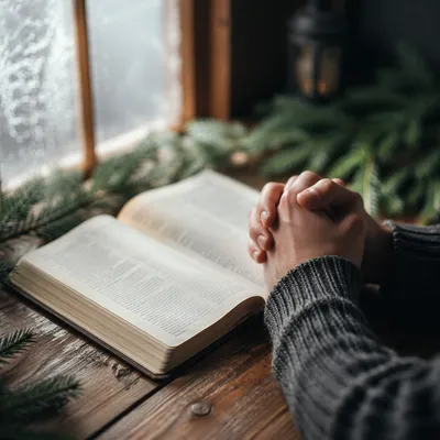 Praying Hands Beside Open Bible