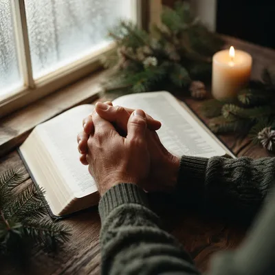 Praying Hands Over Bible with Evergreen