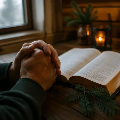 Praying Hands Beside Open Bible