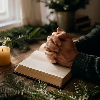 Praying Hands on Bible with Evergreen