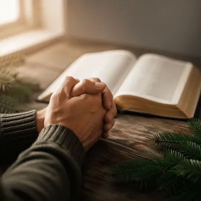 Praying Hands Beside Bible with Evergreen