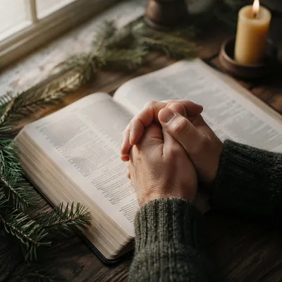 Praying Hands on Bible with Evergreen Candle