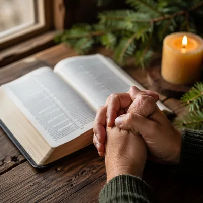Praying Hands Beside Open Bible