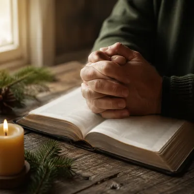 Praying Hands Over Bible With Evergreen Sprigs