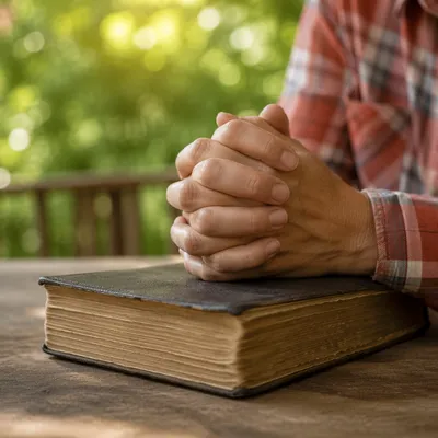 Praying Hands on Worn Bible in Morning Light