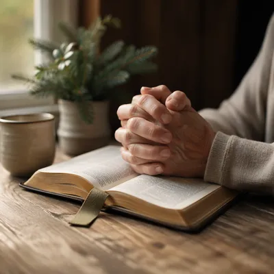 Praying Hands Above Open Bible
