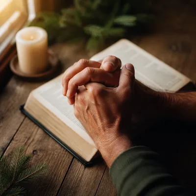 Praying Hands Over Bible with Evergreen