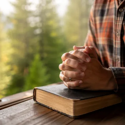 Praying Hands Resting on Bible by Evergreen Window