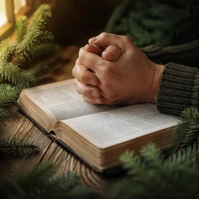 Praying Hands Over Bible With Evergreen