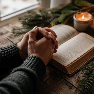 Praying Hands Beside Bible and Evergreen