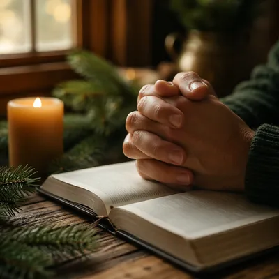Praying Hands Beside Bible with Evergreen