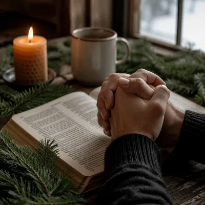 Praying Hands Over Bible with Evergreens