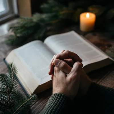 Praying Hands Beside Open Bible
