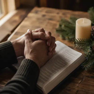 Praying Hands Over Bible With Evergreen