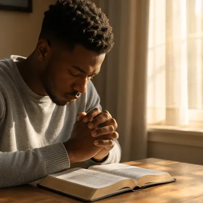 Young Man Praying Over Open Bible