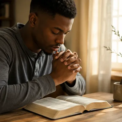 Praying Hands Over Open Bible by Window