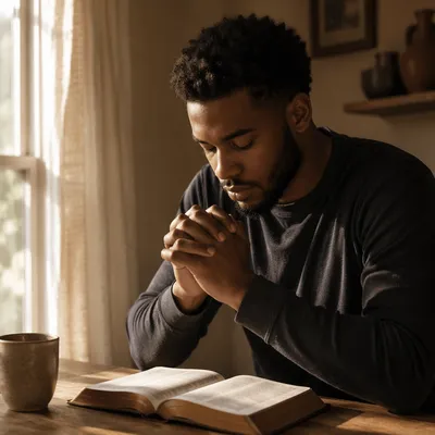 Young Man Praying Over Open Bible