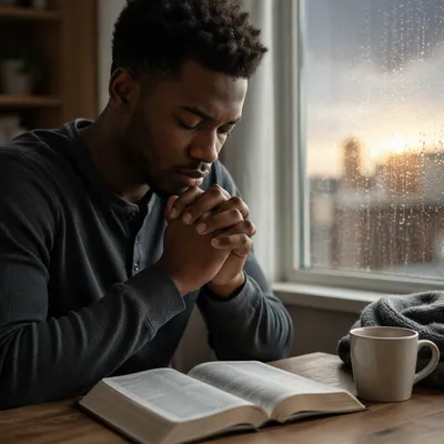 Praying Hands Above Open Bible at Dawn