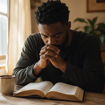 Praying Hands Over Open Bible by Window