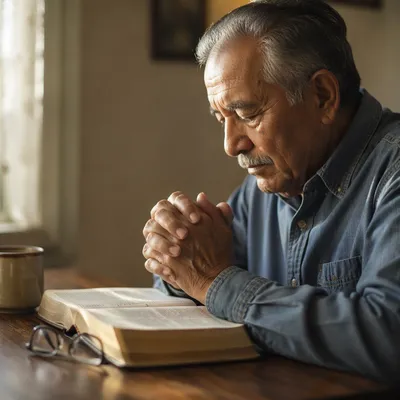 Elderly Man Praying Over Open Bible