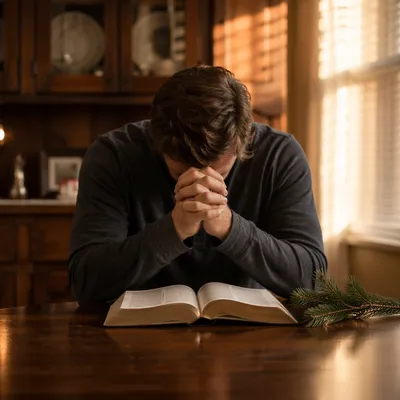 Praying Hands Over Bible in Warm Home
