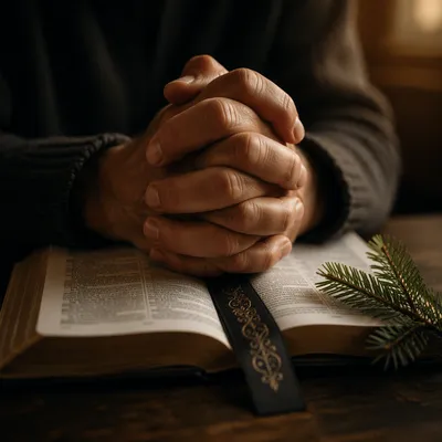 Praying Hands Over Bible With Evergreen Sprig