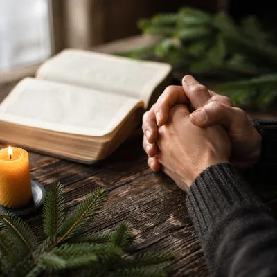Praying Hands Beside Bible with Evergreen