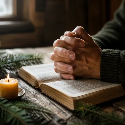 Praying Hands on Bible with Evergreen Candle