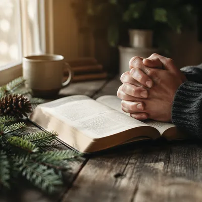 Praying Hands Over Bible with Evergreen Sprigs