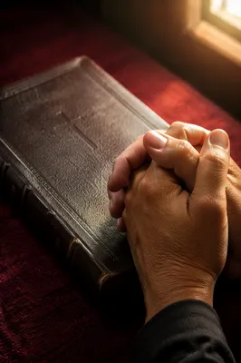 Praying Hands Beside Leather Bible