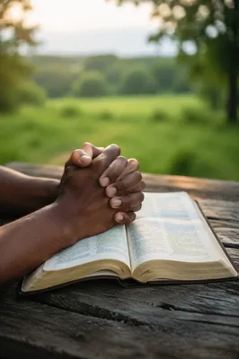 Praying Hands on Bible in Evergreen Light