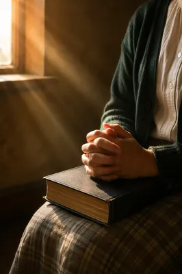 Praying Hands Over Bible in Golden Light