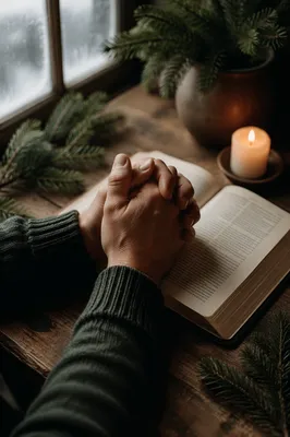 Praying Hands Over Bible with Evergreen